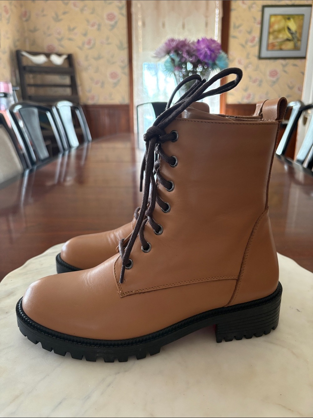 Women's Tan Lace-Up Combat Boots with Lug Sole